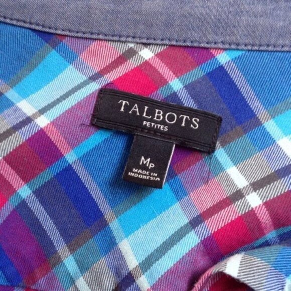 Talbots Plaid Shirt Womens Medium Blue Pink Long Sleeves Workwear Western Boho - Picture 6 of 9